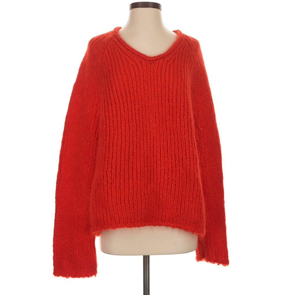 Arket Loose Knit Wool Mohair Sweater Bright Red Women's Scandi V Neck Pullover